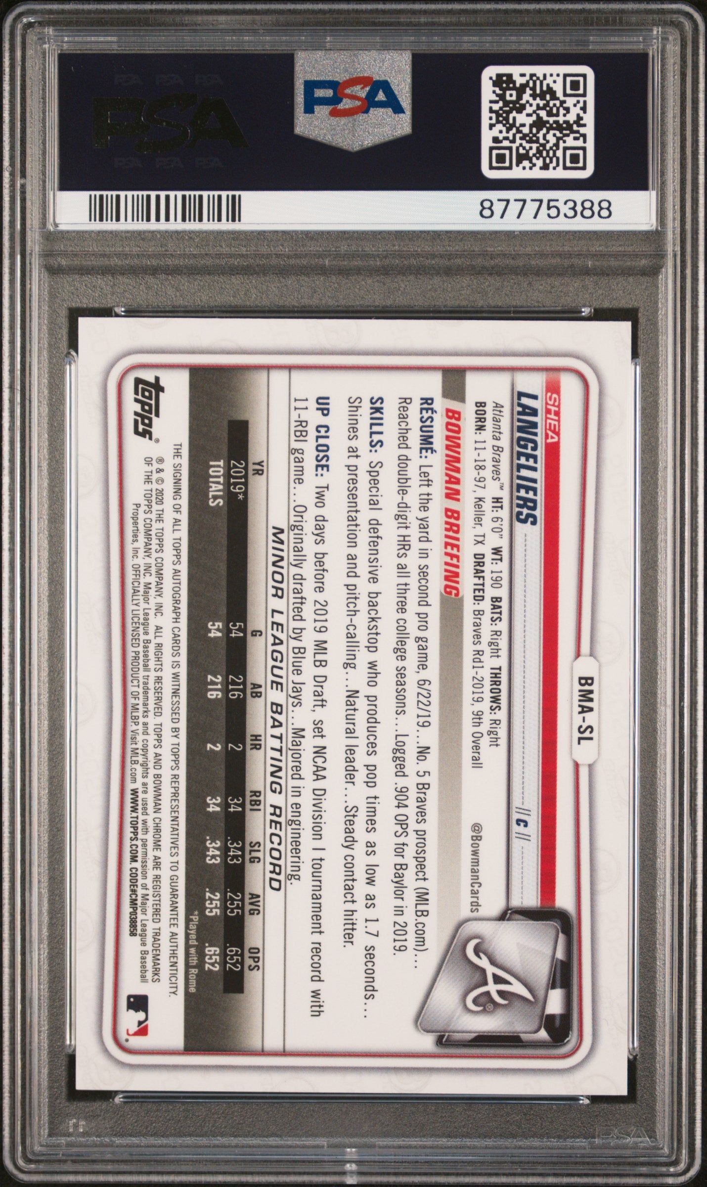 2020 Bowman Chrome Autographs #BMASL Shea Langeliers-Blue Ref. PSA 10