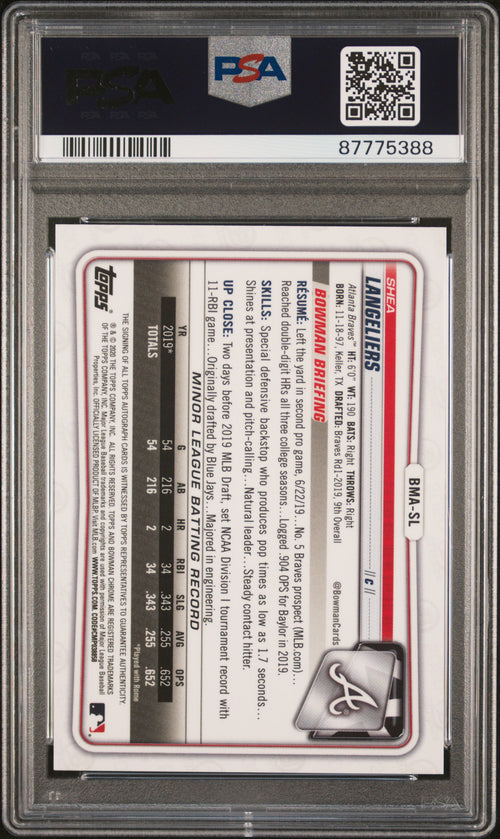 2020 Bowman Chrome Autographs #BMASL Shea Langeliers-Blue Ref. PSA 10